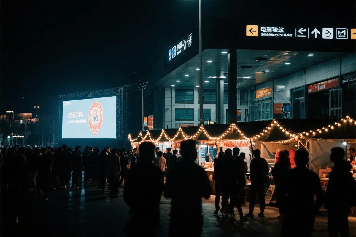 费城球迷广场夜景：大屏观赛人群、步行指示牌与公共交通入口